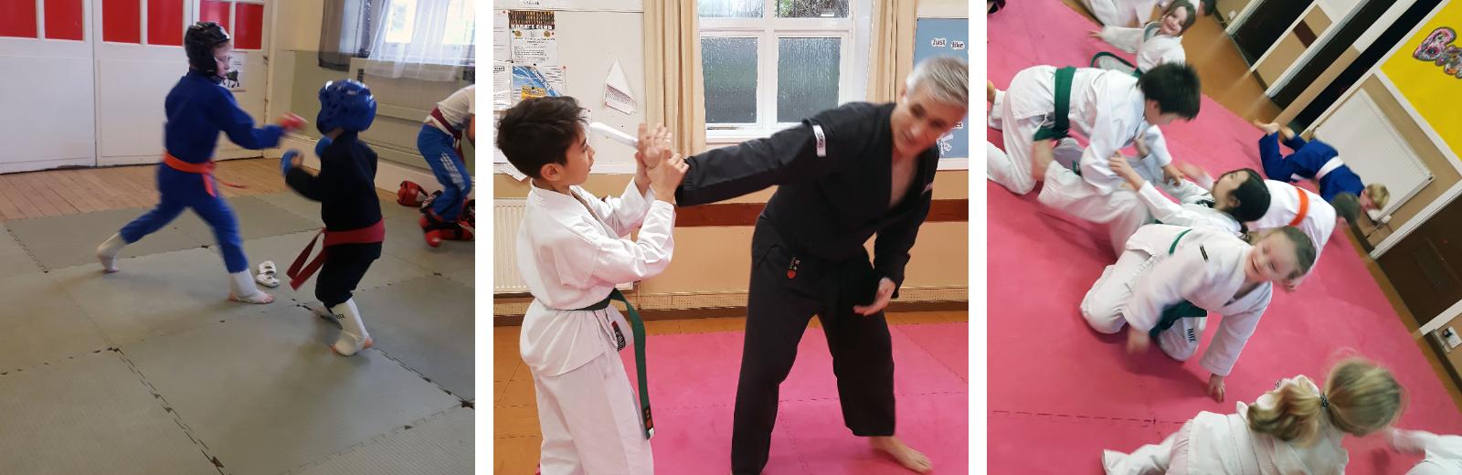 Three photos of a Junior Jitsu class: children sparring in protective headgear, an instructor teaching a wrist technique, and a group working on the mats